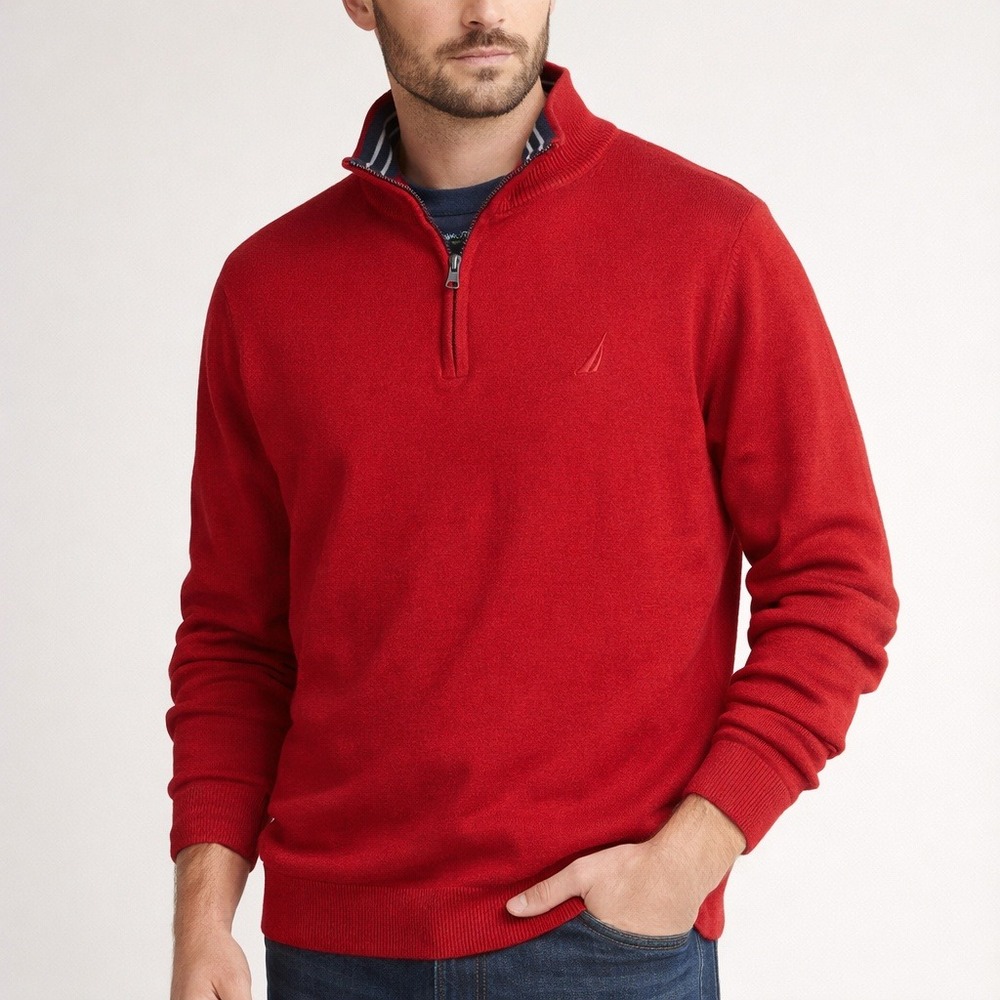 Nautica Quarter Zip Sweater Mens XXL Red Cotton Mock Neck Logo Preppy Nautical